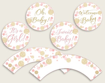Dots Cupcake Toppers, Pink Gold Cupcake Wrappers, Toppers Wrappers Baby Shower Girl, Instant Download, Blush Pink Glitter Polka Dots RUK83