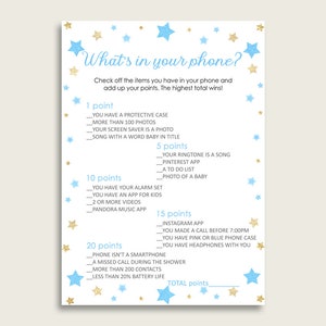 Blue Gold What&#39;s In Your Phone Game, Stars Baby Shower Boy, What&#39;s In Your Cell Phone Printable, Instant Download, Most Popular bsr01