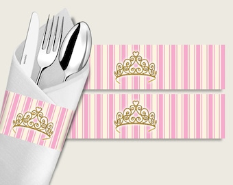 Royal Princess Baby Shower Napkin Rings Printable, Pink Gold Napkin Wrappers, Girl Shower Utensils Wrap, Instant Download, Glamorous rp002