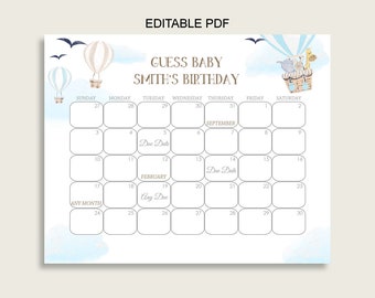 Op de afbeelding: Een printbare kalender met een blauwe en witte aquarel achtergrond. De kalender is versierd met luchtballonnen en dieren. De tekst "Guess Baby Smith's Birthday" staat bovenaan de kalender. De kalender is voor september en februari.