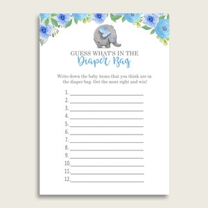 Elephant Blue Guess What&#39;s In The Diaper Bag Game, Boy Baby Shower Blue Gray Diaper Game Printable, Instant Download, Flowers, ebl01