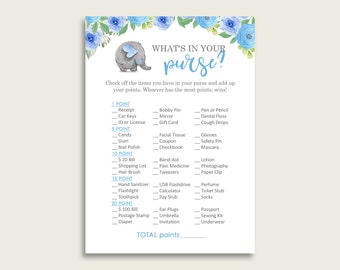 Elephant Blue What's In Your Purse Game Printable, Blue Gray Whats In Your Purse, Boy Baby Shower Purse Game, Instant Download, ebl01