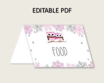 Winter Owl Folded Food Tent Cards Printable, Pink Gray Editable Pdf Buffet Labels, Girl Baby Shower Food Place Cards, Instant owt01