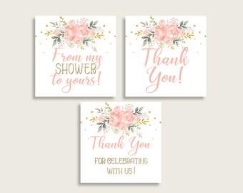 Puede incluir: Tres tarjetas de agradecimiento imprimibles con un diseño floral. Las tarjetas presentan flores rosas, hojas verdes y purpurina dorada. El texto en las tarjetas dice "From my shower to yours!" "Thank You!" y "Thank You for celebrating with us!"