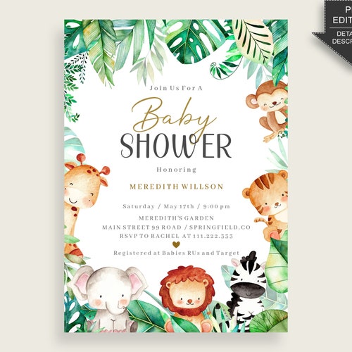 Safari Baby Shower Invitation Printable Digital or Printed Etsy