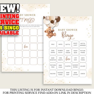 Teddy Bear Baby Shower Bingo, Printable or Printed Bingo Prefilled ...