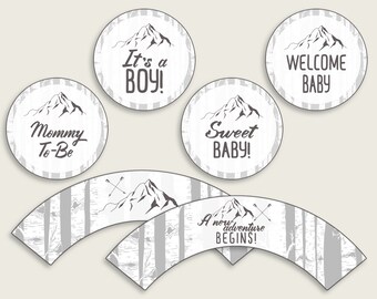 Adventure Mountain Cupcake Toppers, Gray White Cupcake Wrappers, Toppers Wrappers Baby Shower Boy, Instant Download, Mountains Calling S67CJ