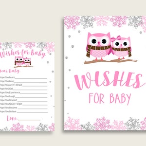 Roze grijze wensen voor babykaarten & teken, Winteruil Baby Shower Girl Well Wishes Game Printable, Instant Download, Woodland Professor owt01