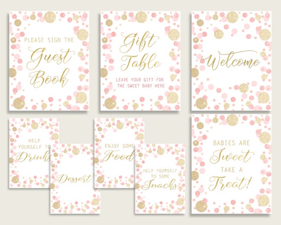 Dots Baby Shower Girl Table Signs Printable Pink Gold Party Table