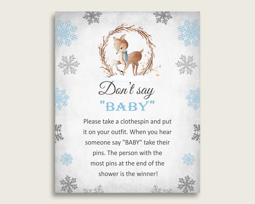 Gray Blue Don't Say Baby Printable Game, Boy Baby Shower Winter Deer ...