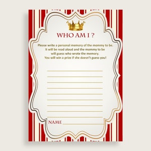 Who Am I Baby Shower Who Am I Prince Baby Shower Who Am I Red Gold Baby Shower Prince Who Am I digital download customizable files 92EDX