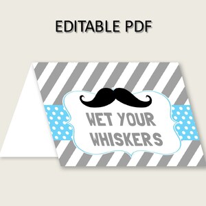 Mustache Folded Food Tent Cards Printable, Blue Gray Editable Pdf Buffet Labels, Boy Baby Shower Food Place Cards, Instant Download, 9P2QW