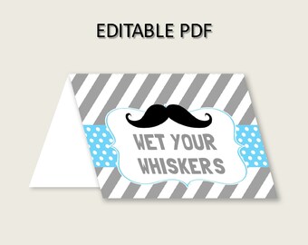 Mustache Folded Food Tent Cards Printable, Blue Gray Editable Pdf Buffet Labels, Boy Baby Shower Food Place Cards, Instant Download, 9P2QW