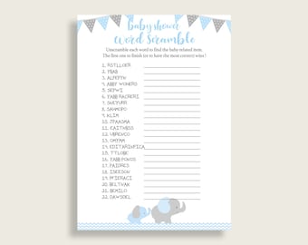 Garçon Baby Shower Word Scramble Game Printable, Cute Elephant Blue Gray Word Scramble, Funny Activity, Instant Download, Most Popular ebl02