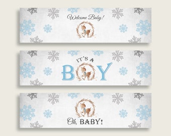 Gray Blue Water Bottle Labels Printable, Winter Deer Water Bottle Wraps, Winter Deer Baby Shower Boy Bottle Wrappers, Instant Z20R3