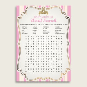 Koninklijke prinses woordzoekspel, roze gouden baby shower woordzoekkaarten afdrukbaar, meisje baby shower activiteiten, verborgen woorden, instant rp002