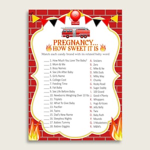 May include: A red brick wall with a yellow and black fire truck graphic. The text "PREGNANCY... HOW SWEET IT IS" is written in black and red. The text "Match each candy brand with its related baby word" is written in black. A list of 18 baby-related phrases is paired with a list of 18 candy brands.