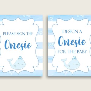 Blue White Please Sign The Onesie Sign and Design A Onesie Sign Printables, Whale Boy Baby Shower Decor, Instant Download, Light Blue wbl01