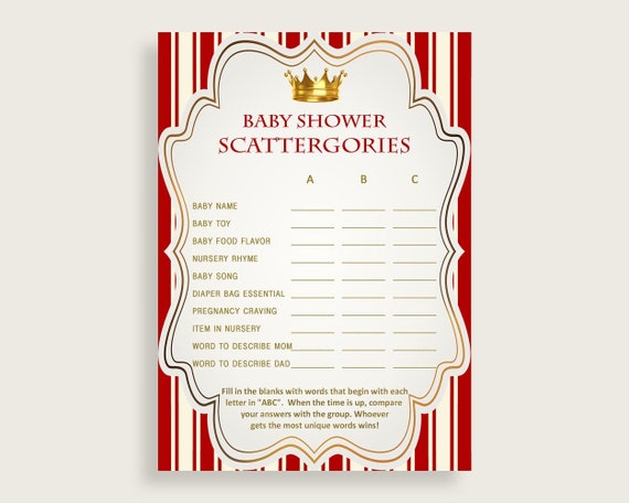 Scattergories Baby Shower Scattergories Prince Baby Shower Scattergories Red Gold Baby Shower Prince Scattergories party ideas 92EDX Il_570xn