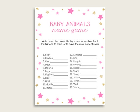 Twinkle Star Name The Baby Animals Game Printable Pink Gold Baby
