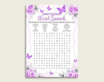 Butterfly Word Search Game, Purple White Baby Shower Word Search Cards Printable, Girl Baby Shower Activities, Hidden Words, Instant 7AANK