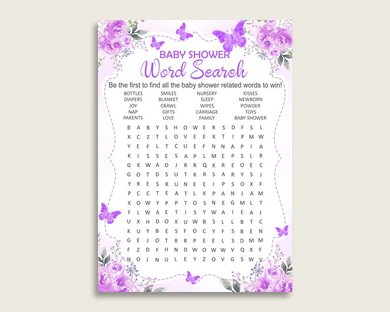 butterfly word search game purple white baby shower word etsy