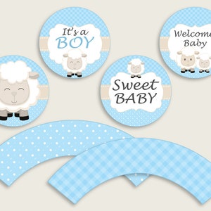 Little Lamb Cupcake Toppers, Blue White Cupcake Wrappers, Toppers Wrappers Baby Shower Boy, Instant Download, Lambie Wool Sheep fa001