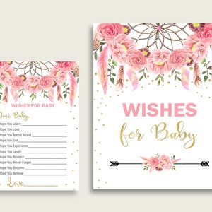 Roze gouden wensen voor babykaarten & teken, Dreamcatcher Baby Shower Girl Well Wishes Game Printable, Instant Download, Boho Feathers I60OO