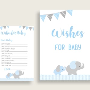 Azul gris deseos para tarjetas de bebé y signo, elefante bebé ducha niño buenos deseos juego imprimible, descarga instantánea, tema Little Peanut ebl02