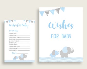 Blue Grey Wishes For Baby Cards & Sign, Elephant Baby Shower Boy Well Wishes Game Printable, Instant Download, Little Peanut Theme ebl02