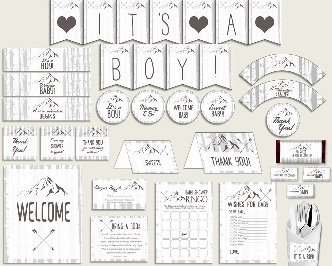 Gray White Baby Shower Decorations Boy Kit, Adventure Mountain Baby