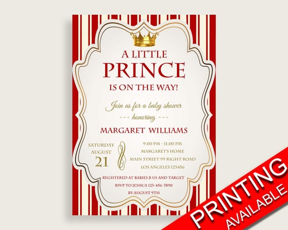 Invitation Baby Shower Invitation Prince Baby Shower Invitation Red Gold Baby Shower Prince Invitation paper supplies printable 92EDX Il_570xn
