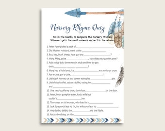 Tribal Arrows Nursery Rhyme Quiz Printable, Blue Beige Nursery Rhyme Game, Blue Beige Baby Shower Boy Activities, Instant Download, QAQ18