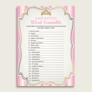 Girl Baby Shower Word Scramble Game Printable, Cute Royal Princess Pink Gold Word Scramble, Funny Activity, Instant Download, rp002