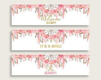 May include: Three printable banners with pink floral designs and gold accents. The top banner says "Welcome Baby!" The middle banner says "It's a Girl!" The bottom banner says "Oh Baby!"