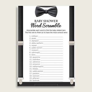 Boy Baby Shower Word Scramble Game Printable, Cute Little Man Black Beige Word Scramble, Funny Activity, Instant Download, Cute Bowtie lm001
