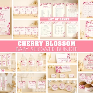 Editable Baby Shower Games, Signs and Decorations Bundle for a Girl, Digital Download, Pink Cherry Blossom Baby Shower, 029VL