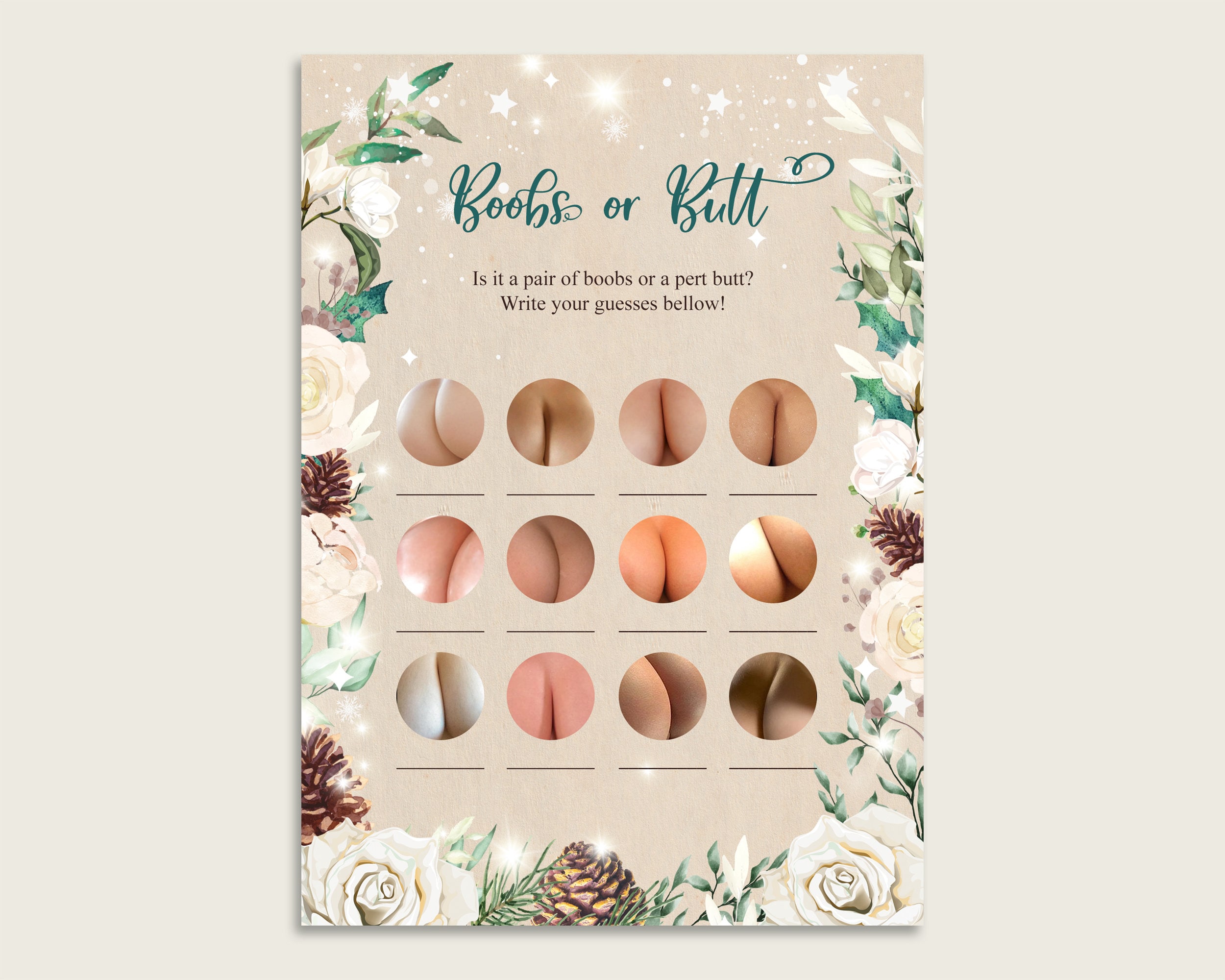 Beige Green Boobs or Butt Printable, Winter Rustic Baby Shower Gender  Neutral Fun Activity, Boobs or Butts Game, Instant Download, 3RBC2 