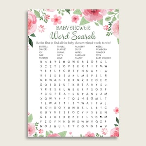 Aquarel bloemen woordzoekspel, roze groene baby shower woordzoekkaarten afdrukbaar, meisje baby shower activiteiten, verborgen woorden flp01