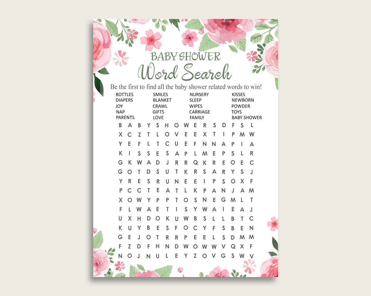 watercolor flowers word search game pink green baby shower etsy