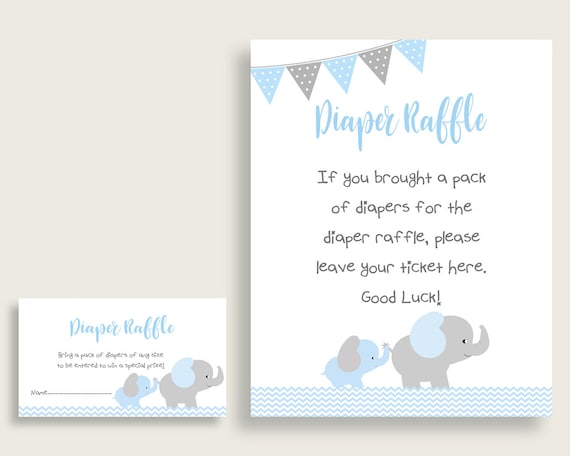 Elephant Baby Shower Diaper Raffle Tickets Game, Boy Blue Grey Diaper Raffle Card Insert and Sign Printable, Instant Download, 3.5x2", ebl02 Il_570xn