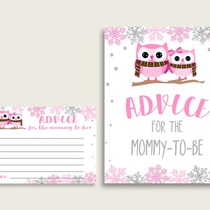 Consigli del gufo invernale per le cartoline e i segni della futura mamma, Baby Shower stampabile Consigli rosa grigio per i nuovi genitori, Download istantaneo, Gufi delle nevi owt01