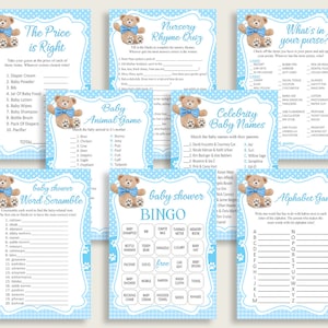 Teddy Bear Baby Shower Games Printable Pack, Blue Brown Baby Shower Games Package Boy, Teddy Bear Games Bundle Set, Instant Download, tb001