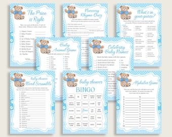 Teddy Bear Baby Shower Games Printable Pack, Blue Brown Baby Shower Games Package Boy, Teddy Bear Games Bundle Set, Instant Download, tb001