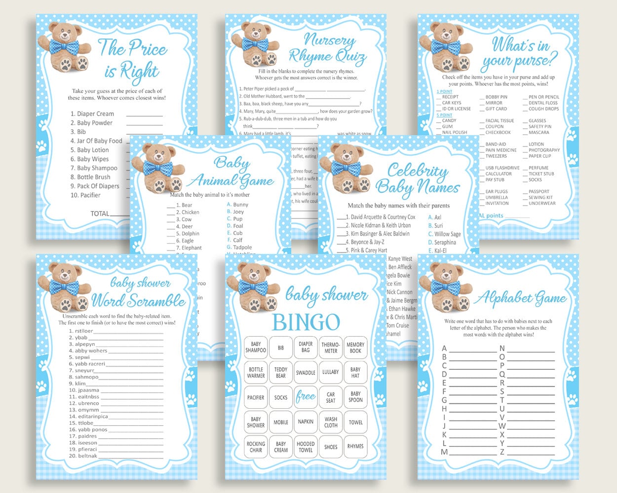 Dummy Baby Shower 'WHAT NAME STARTS WITH..' Game Party Boys Pack of 16 BLUE 