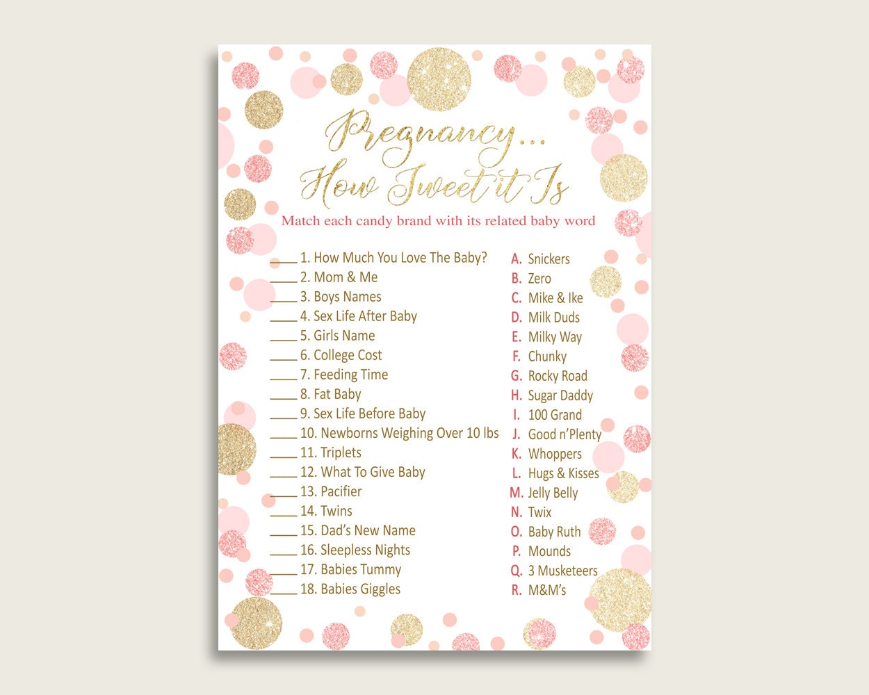 Pink Gold Pregnancy How Sweet It is Game Dots Baby Shower