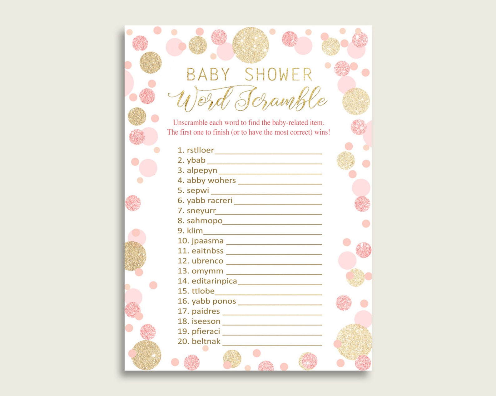 girl baby shower word scramble game printable cute dots pink etsy