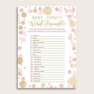 Girl Baby Shower Word Scramble Game Printable, Cute Dots Pink Gold Word Scramble, Funny Activity, Instant Download, Baby Sprinkle RUK83