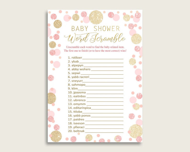 Girl Baby Shower Word Scramble Game Printable Cute Dots Pink | Etsy