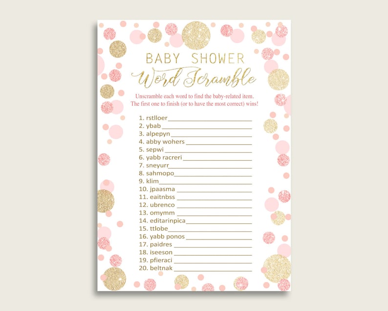 Girl Baby Shower Word Scramble Game Printable Cute Dots Pink | Etsy